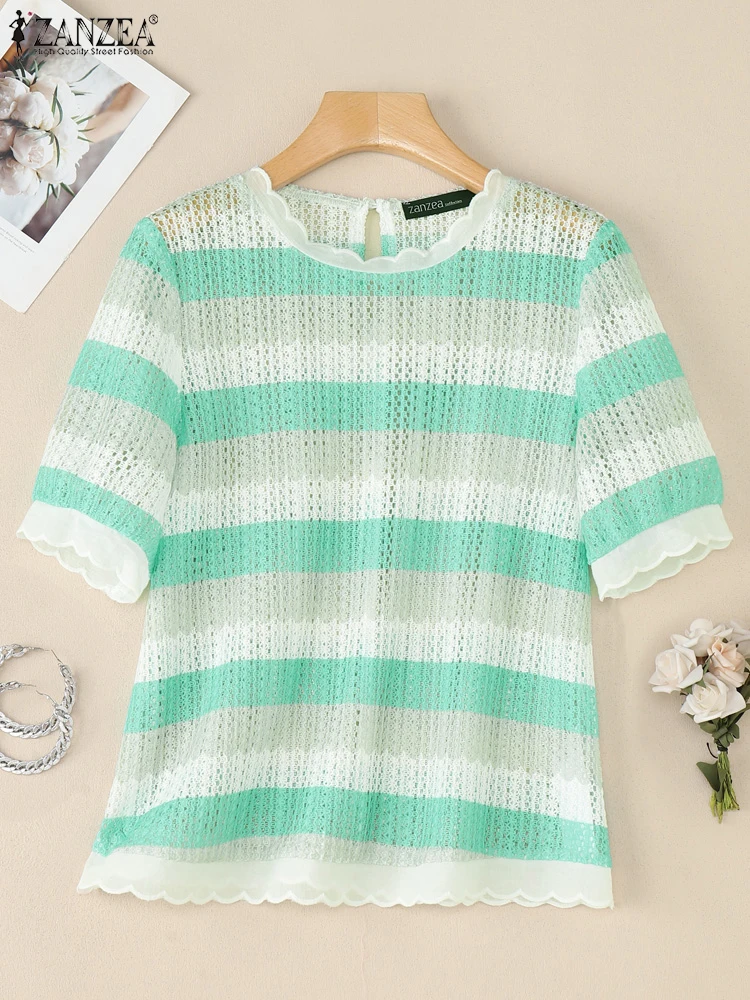 بلوزات كروشيه مخططة للسيدات من ZANZEA أنيقة برقبة دائرية وأكمام قصيرة منتفخة مزخرفة بالدانتيل بلوزات محبوكة لربيع وصيف 2025 #5