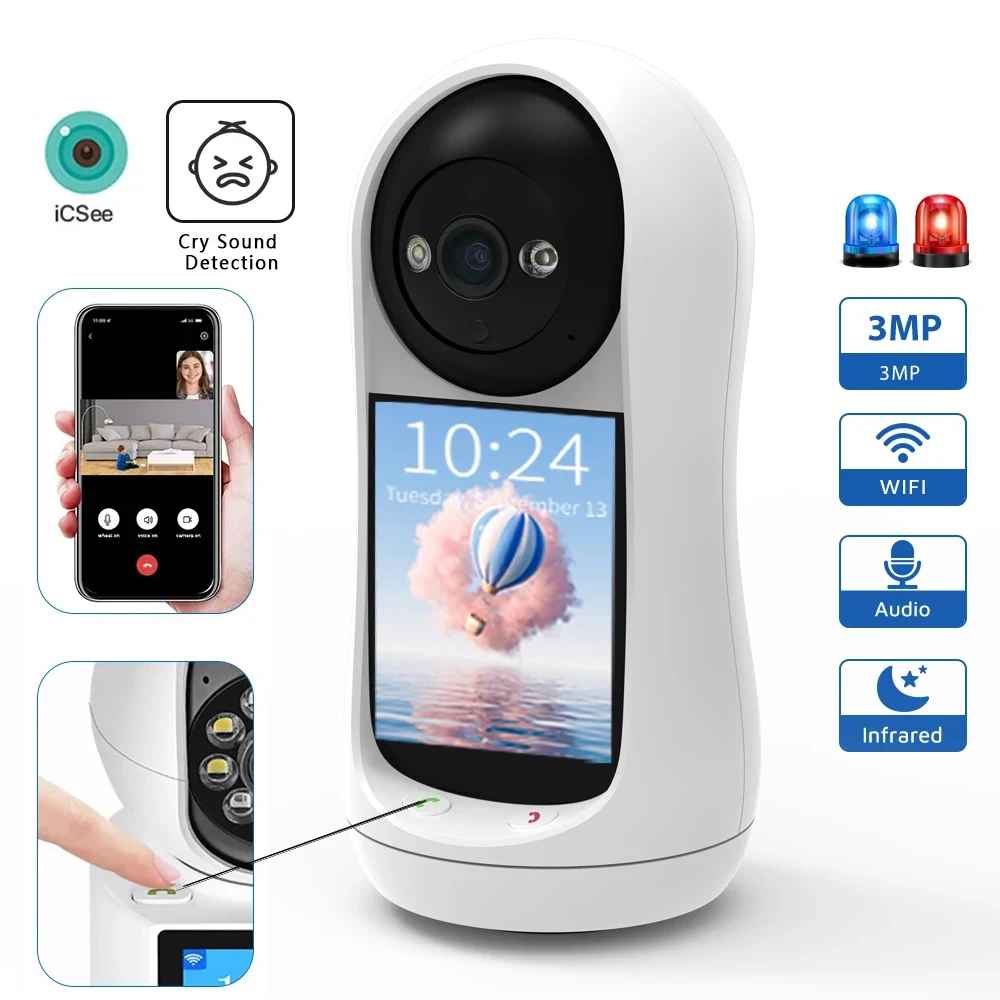 Caméra de surveillance PTZ IP WiFi HD 3MP/2.8 ", dispositif de sécurité sans fil, babyphone vidéo, avec écran IPS, détection du son et des pleurs, nouveau modèle iCSee