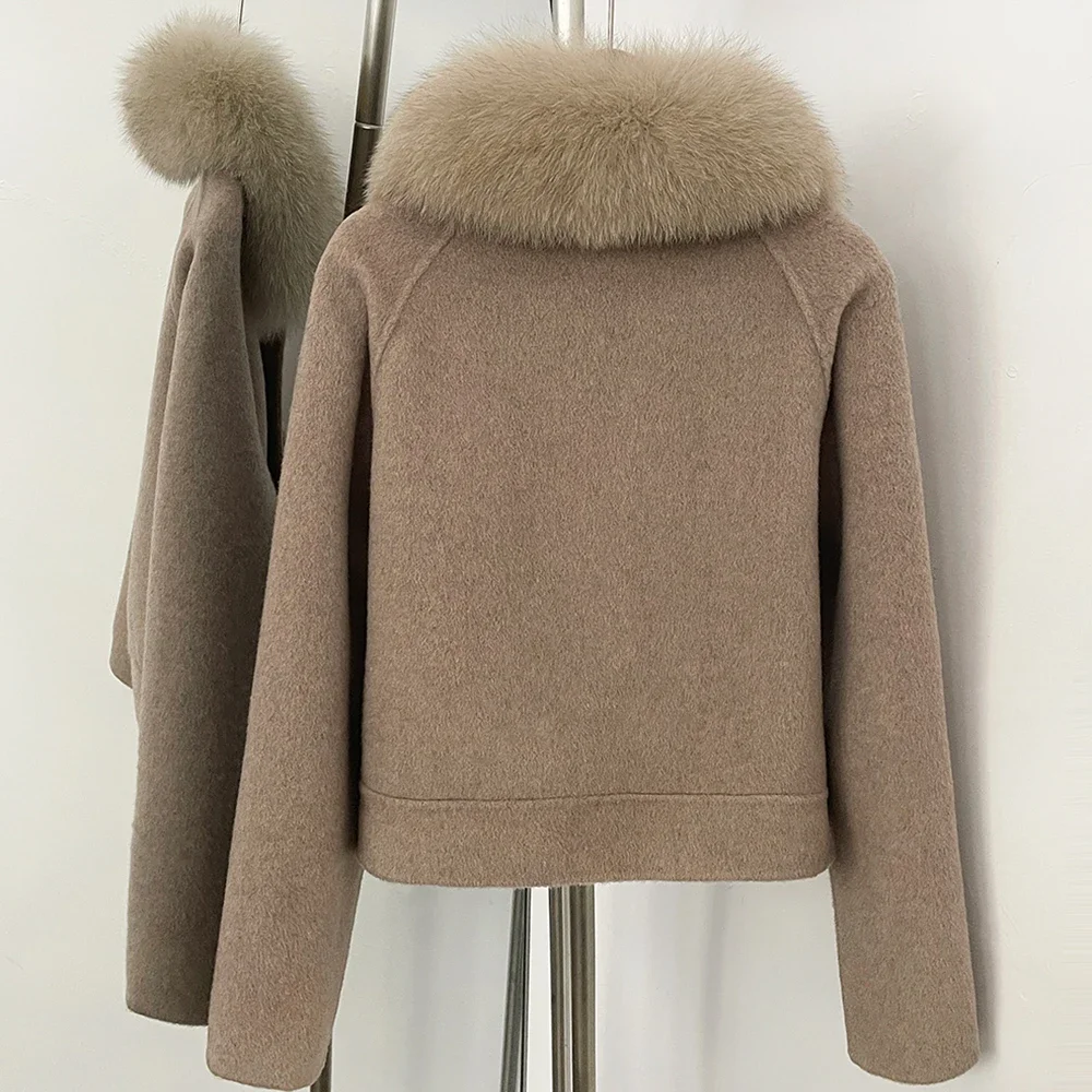OFTBUY Neue Winter-Oberbekleidung für Damen, Kurze 100% Reine Wolljacke, Übergroßer Echter Fuchspelzkragen, Reißverschluss-Kurzmantel für Damen – Detail 9
