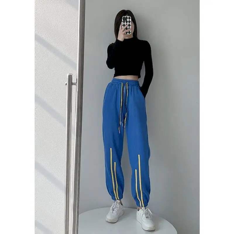 American Casual Sweatpants Women Trousers Spring Autumn Vertical Strip Stitching Loose Cropped Pants Drawstring Leggings Pants