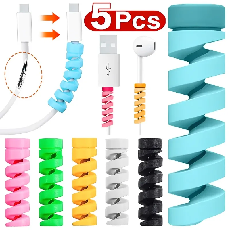 1-5Pcs Spiral Cable Protector Universal Silicone Data Spiral Winder Wire Cord Cable Organizer for IPhone Charge Cable Protector