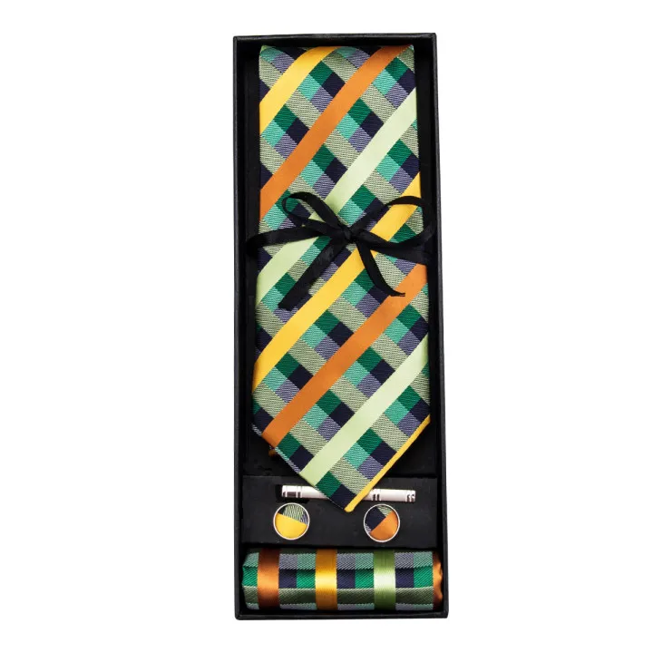 Hi-Tie Patchwork Plaid Printed Men's Woven Tie Patchwork Color Necktie Tie Set Cufflinks Tie Clip Men's Gift Set