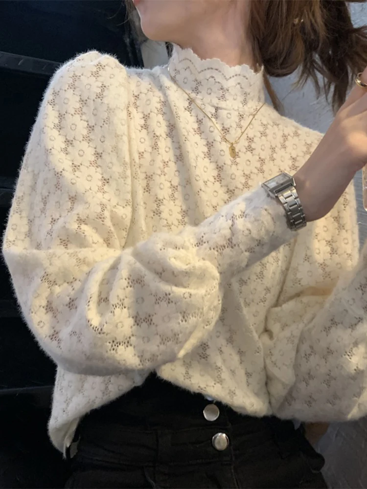 

Lace Base Shirt Women's Spring Autumn Winter Suit Inner Early Autumn Fashionable Long Sleeve Mesh Top Half High Collar