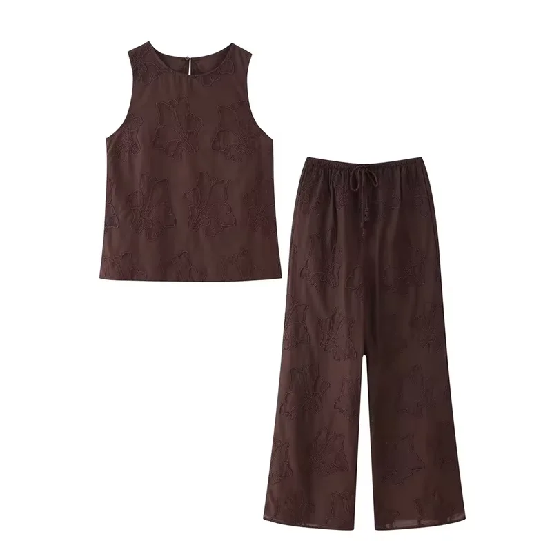 

2025 Women's Summer Suit New Dark Brown Sleeveless Vest Pajama Style Trouser Set Embroidered Trims Casual Fashion Personality