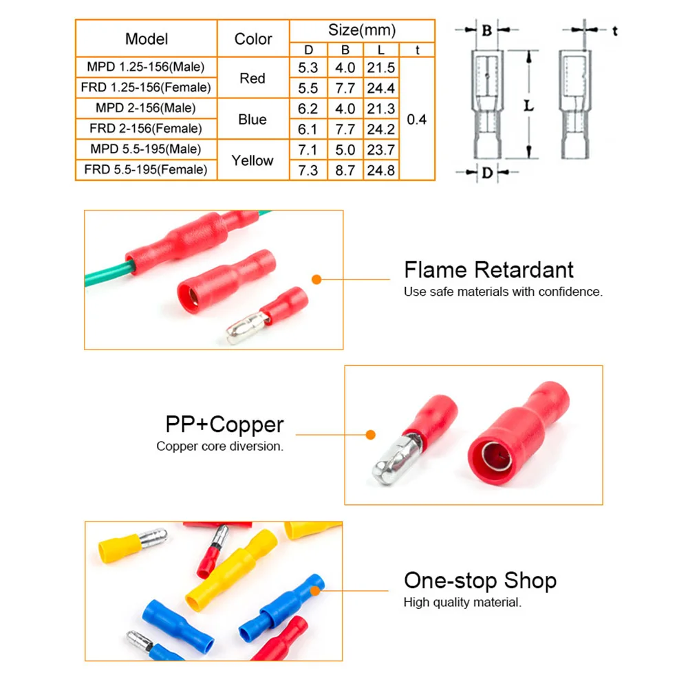 50 قطعة/25 مجموعة معزول محطات تجعيد الكهربائية ذكر أنثى رصاصة التوصيل المقبس سريعة لصق سلك موصل PVC MPD/FRD 22-16AWG