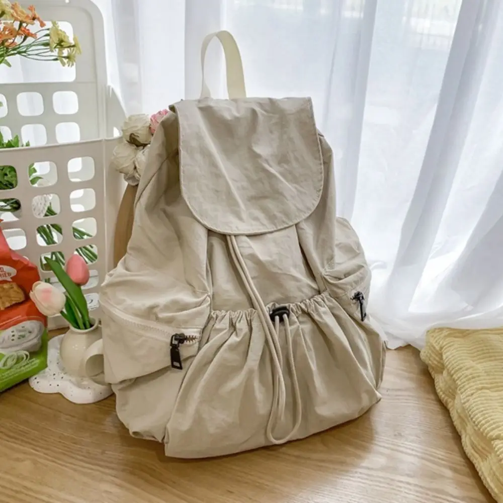 

Portable Nylon Drawstring Backpack Lightweight Waterproof Canvas Shoulder Bag with Handle Solid Color College Student Schoolbag