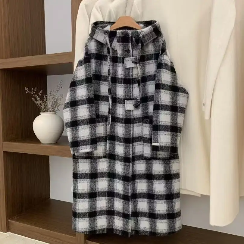 2026 European Style Winter New Women's Woolen Coat Plaid Loose Hooded Double-sided Woolen