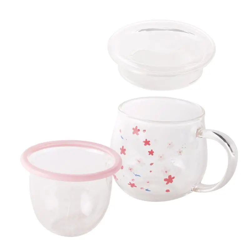 ABFU-Sakura Mug Glass Mug With Tea Infuser Filter&Lid Cherry Blossoms Cup Set Blossoms Flower Teacup 300Ml Glasses Drinking