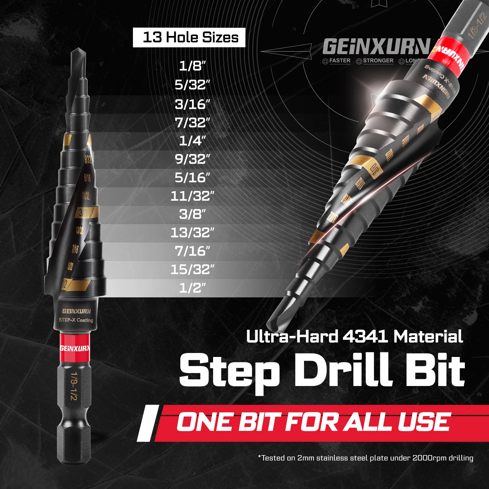 Geinxurn 1/8"-1/2" Titanium Step Drill Bit Set, Spiral Flute Fast Chip Removal & Quick Release Shank for Metal, Wood, Plastic