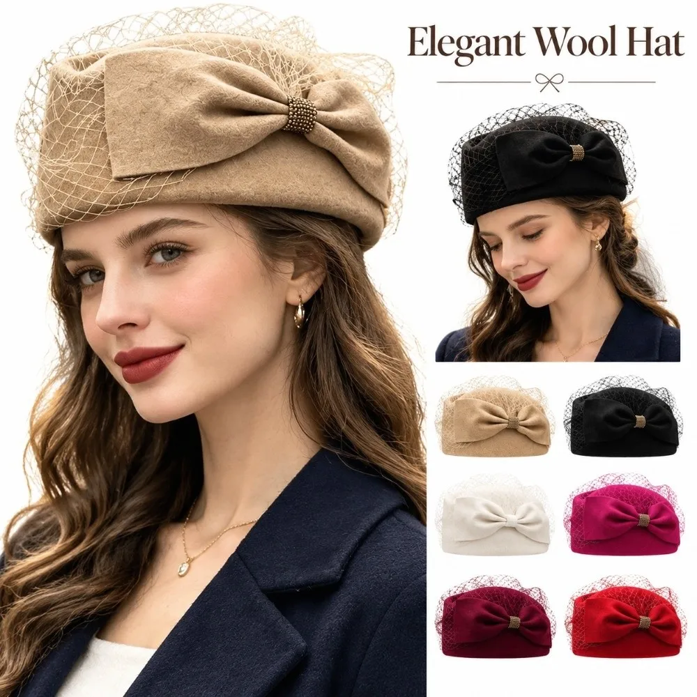 New Elegant Mesh Wool Jazz Hat Warm Woolen Breathable Air Stewardess Cap British Style Hat Evening Cocktail