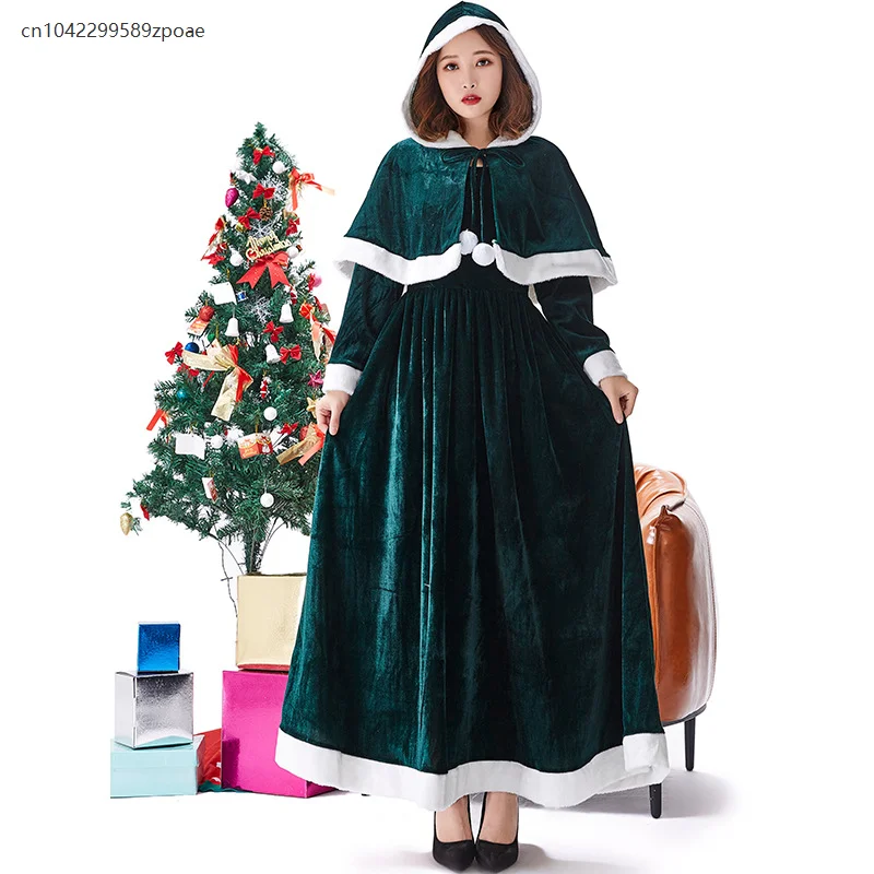 

Women's Christmas Dark Green Sweet Princess With Shawl Dress Santa Claus Cosplay Costume Christmas Party Performance Costume