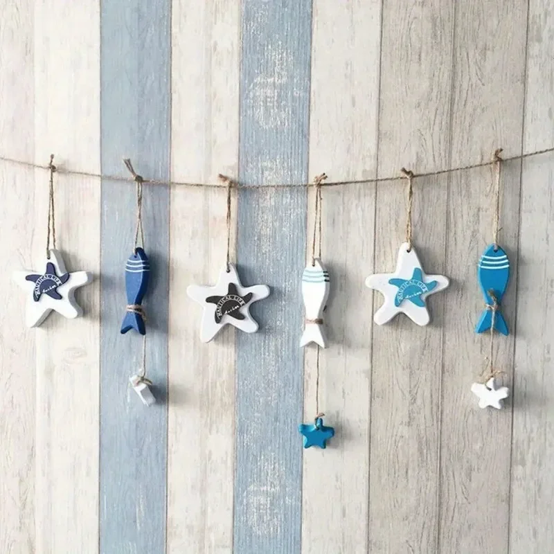 3Pcs/Set Wood Crafts Mediterranean Starfish Hung Fish Nautical Decor Hang Decorated Marine Pendant