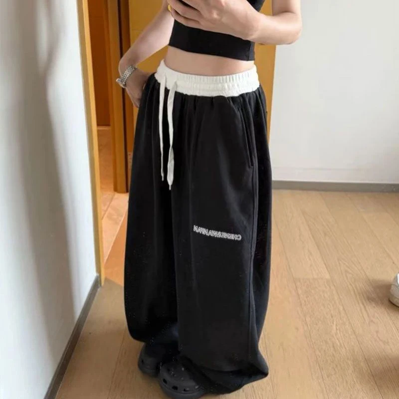 

Vintage Streetwear Women Pants American Lace Up Patchwork Y2K Wide Leg Trouser High Waist Loose Casual Print Hip Hop Sweatpants
