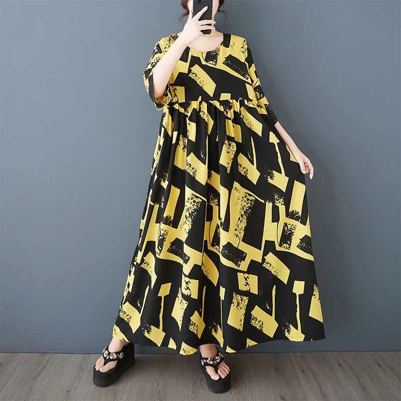 NYFS 2025 صيف جديد القطن الكتان بوهيميا فساتين امرأة Vestidos رداء Ete فام Elbise فضفاضة قصيرة الأكمام طباعة فستان طويل