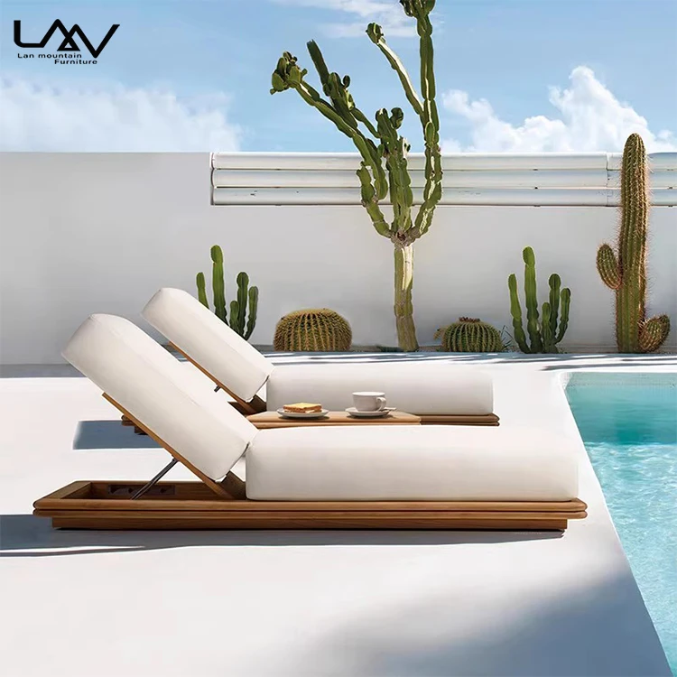 Modern Style Outdoor Hotel Teak Waterproof Fabric Lounge Chair Garden Patio Beach Adjustable Open-air Sun Bed Furniture