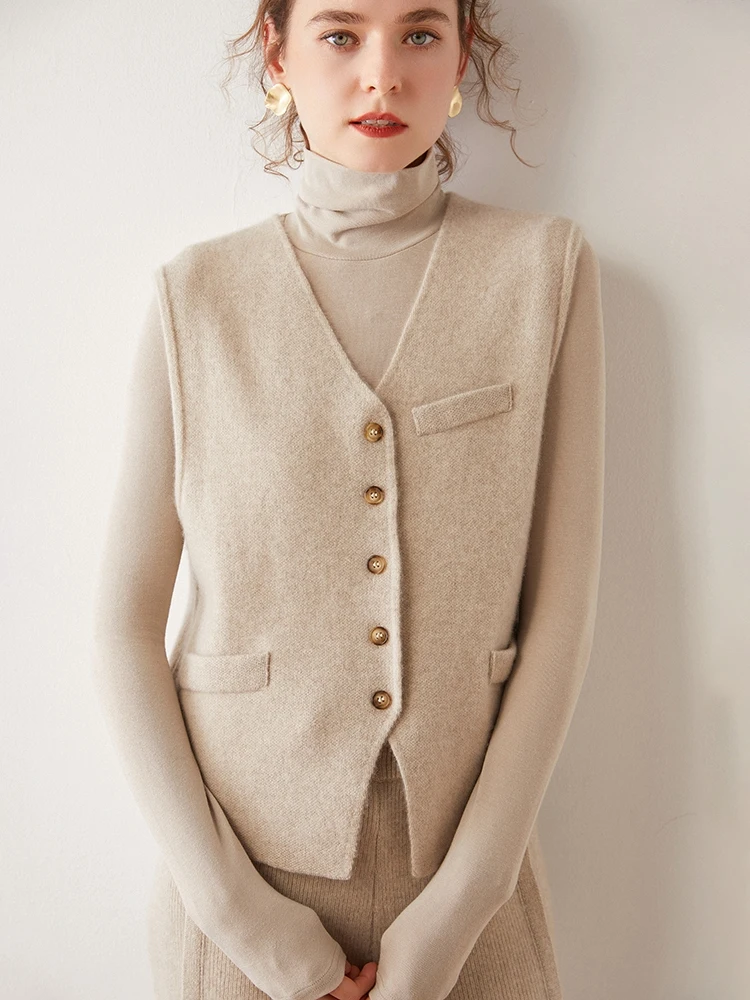100% Pure Cashmere Knitted Cardigan Vest Autumn Winter Women V-neck Single Breasted Solid Elegant Neat Sleeveless Waistcoat