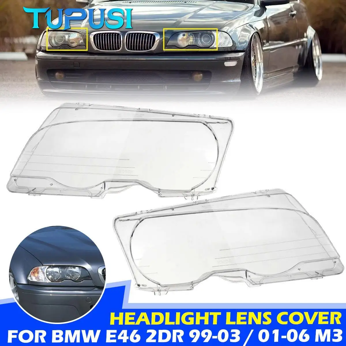 

1Pair Front Headlight Lens Cover Clear Headlamp Cover Transparent Lampshade For BMW E46 2 Door 1999-2003 M3 2 Door 2001-2006