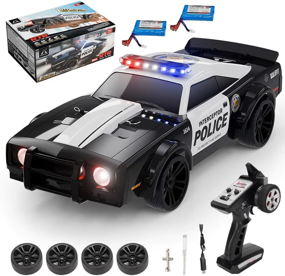 1:16 Scale Remote Control Drift Car, 35KPH 4WD High Speed RC Vehicle with LED Lights, Extra Drifting Tires, Police Racing Car Model for Adults (2 Batteries)