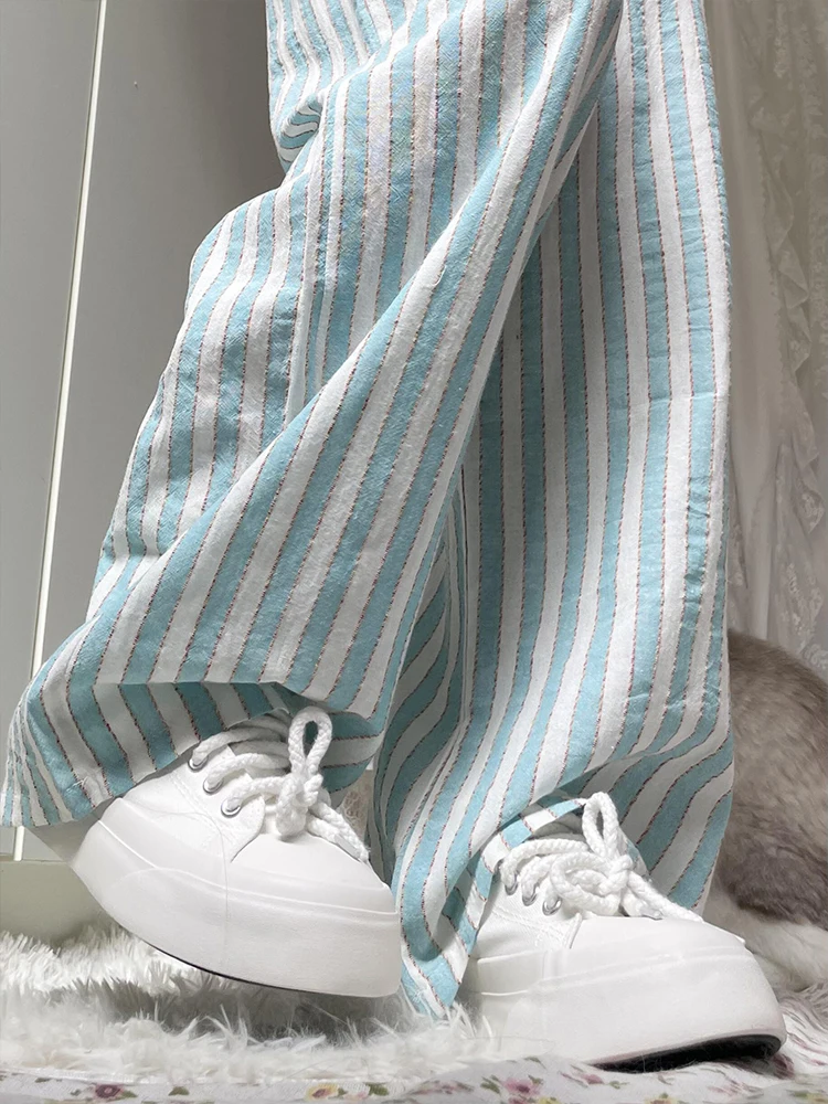 Niebieskie spodnie damskie z bawełny i lnu w paski, letnie, cienkie, luźne, z szerokimi nogawkami, w stylu lazy, proste, z wysokim stanem.