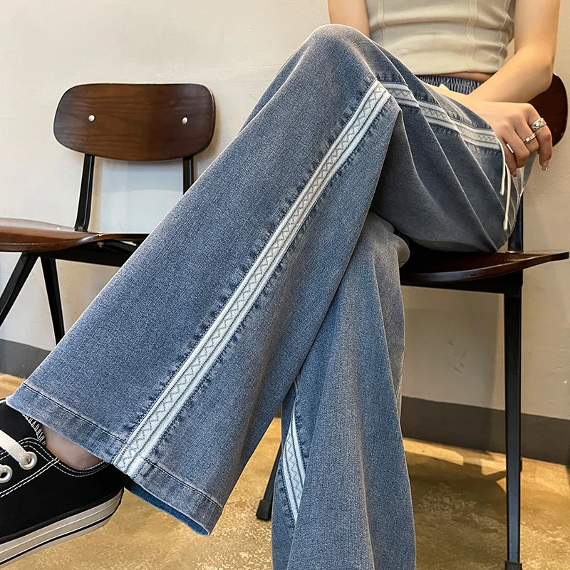 

Spring Women's Fashion Denim Pants with Unique Design Elastic Waist Daily Denim Wide Leg Pants High-quality Denim Floor Pants