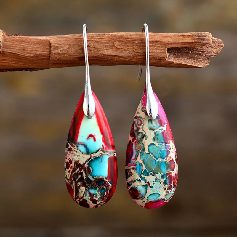 

Imperial Jasper Teardrop Earrings Bohemian Emperor Stone Drop Pendant Earrings Jewelry