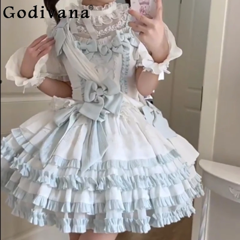 

Blue and White Sweet Singing Dress Women's Lolita Cute Bow Lace Princess Dress Female Summer Short Sleeve Bow Dress