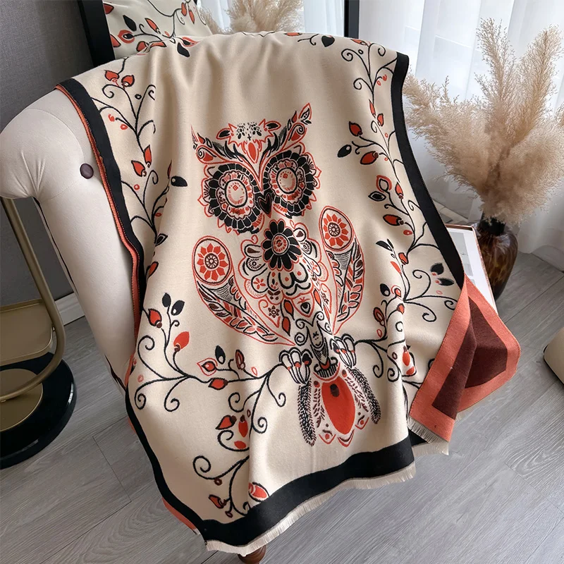 New Luxury Winter Owl Two-Sided Cashmere Jacquard Scarves High Quality Women Thicken Wrap Shawl Ladies Wool Pashmina Scarf