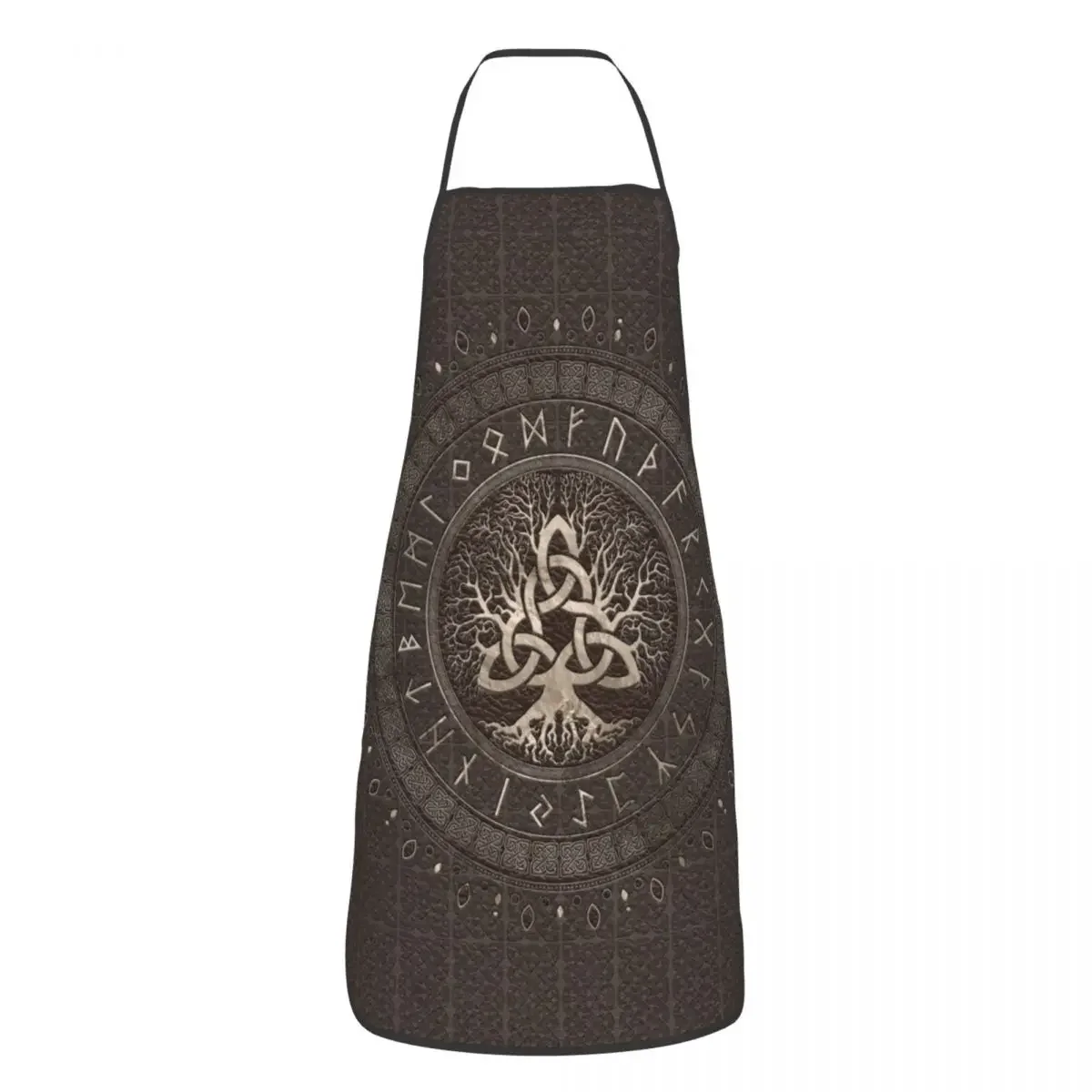 Tree Of Life With Triquetra Brown Leather And Gold Bib Aprons Unisex Kitchen Chef Viking Tablier Cuisine for Cooking Baking