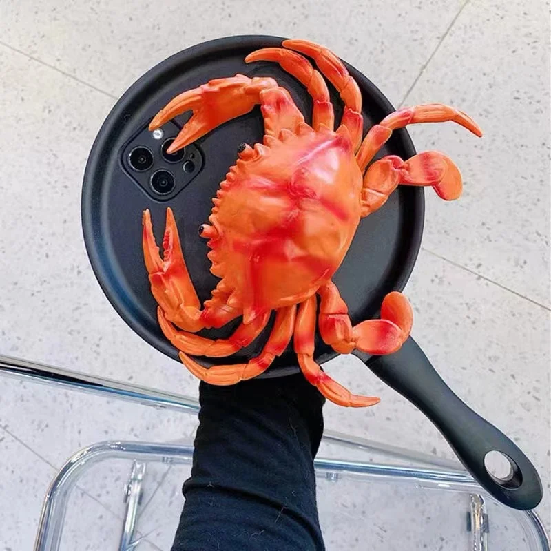 Funny Squeaker 3D Crab Frying Pan Case For iPhone 15 14 13 12 Pro Max 15 Plus 13Mini 11 SE 2020  X XR XS 7 8 Pot Back Phone Case