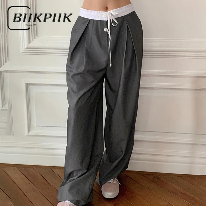 

BIIKPIIK Casual Contrasting Folds Pants Concise Lace Up Shirring Women Trousers All-match Loose Fit Straight Slacks Street Style