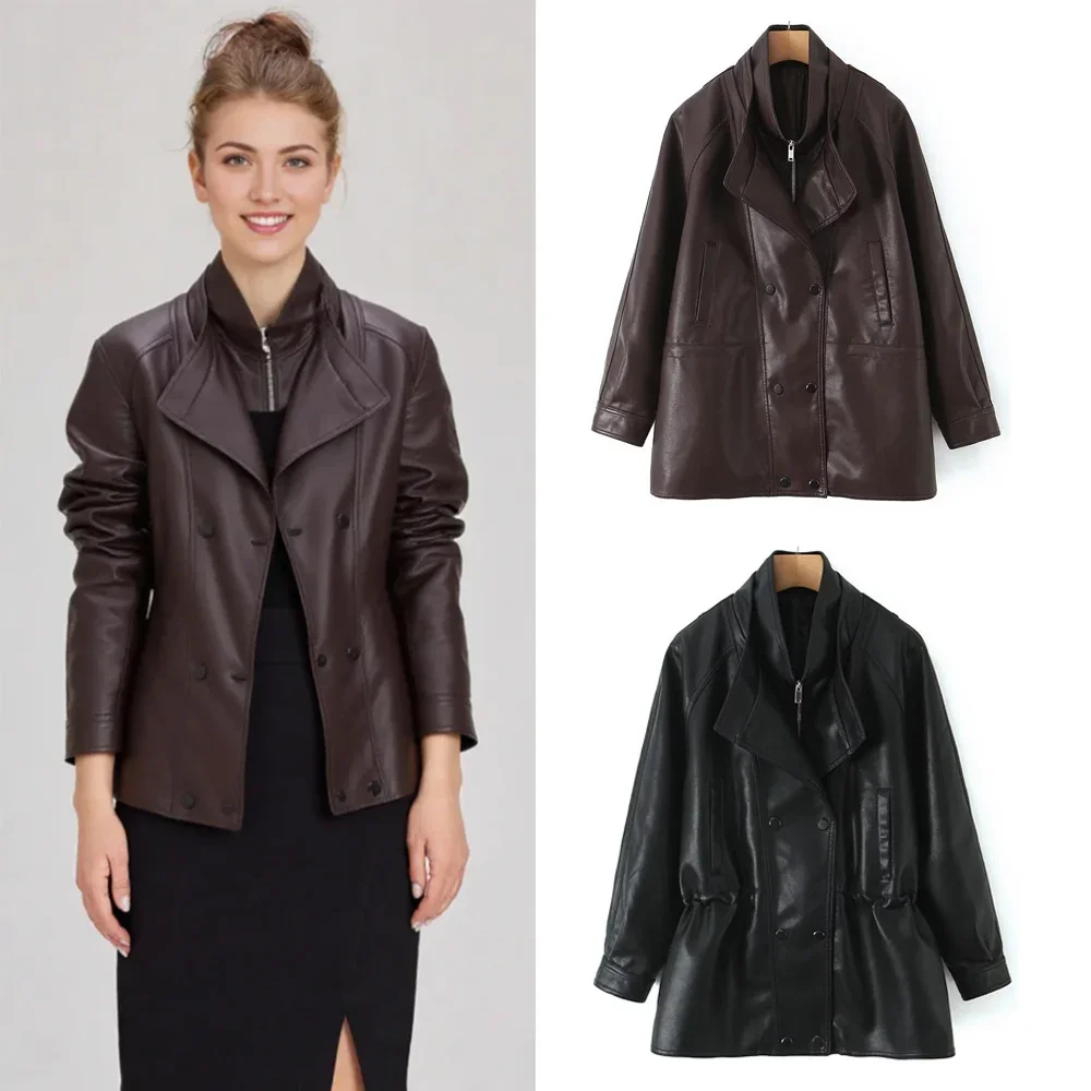 

Женские ретро винтажные кофейные куртки из искусственной кожи, женское мотоциклетное байкерское пальто BF, свободные длинные уличные топы большого размера
