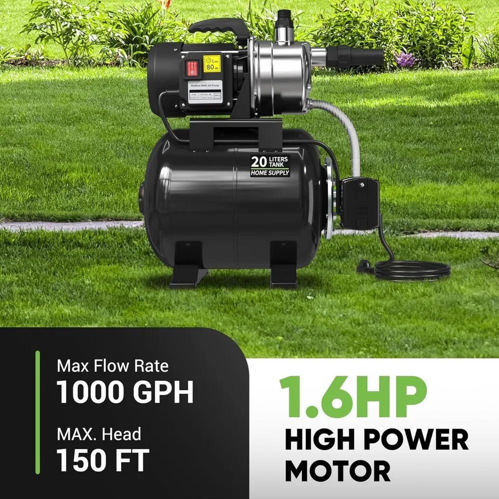 Bomba de jato de irrigação de 1,6 HP 1000 GPH 5 galões com sistema de reforço automático para casa, jardim, gramado, 120 V, preto