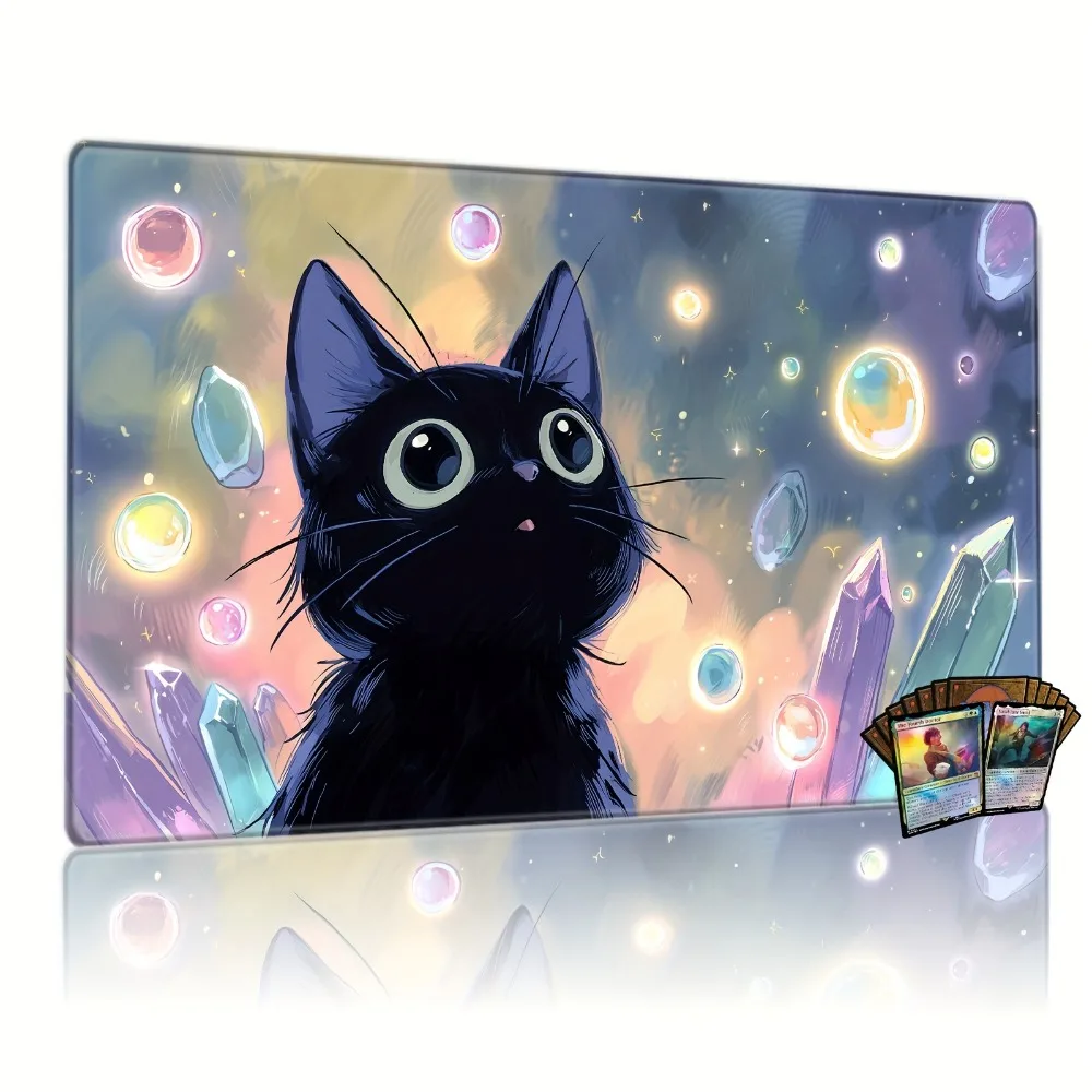 Crystal Bubble Magic Black Cat Game Mat with Dreamy Fantasy Design - Perfect Gift for Fantasy Lovers for TCG desk accessories
