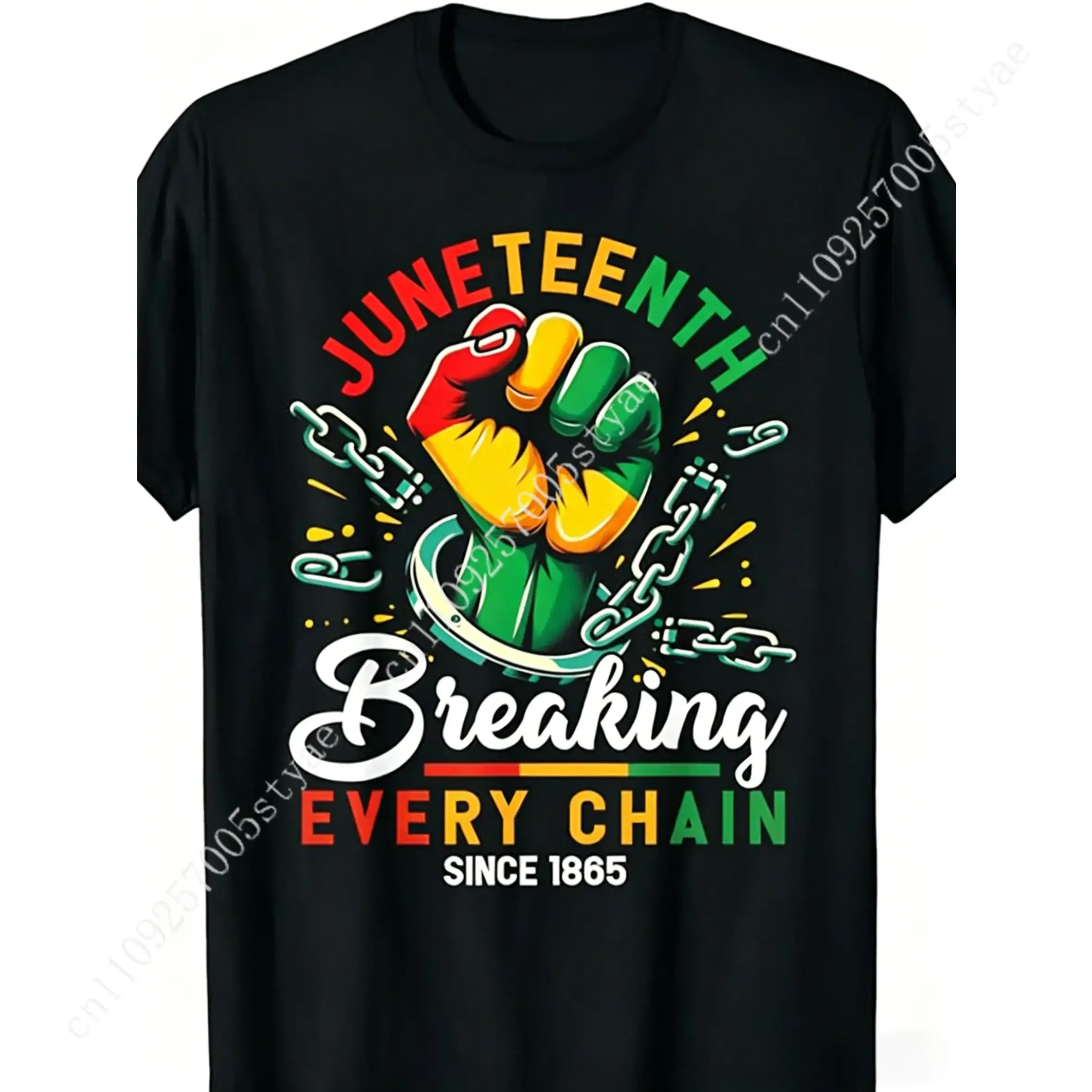 Men's Juneteenth T-Shirt - Breaking Every Chain Since 1865 Graphic Tee with Vibrant Green & Yellow Fist Symbol, African American