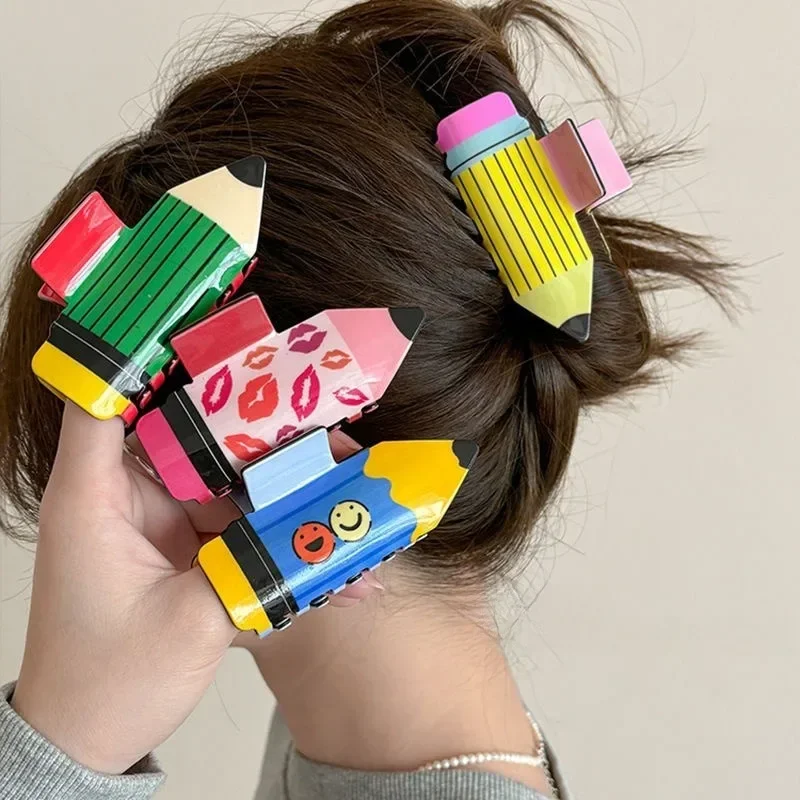 

Cute Large Acrylic Pencil Design Hair Claw Clips for Women Girls Accessories Cartoon Sunflower Smile Ponytail Hairgrip New 2025