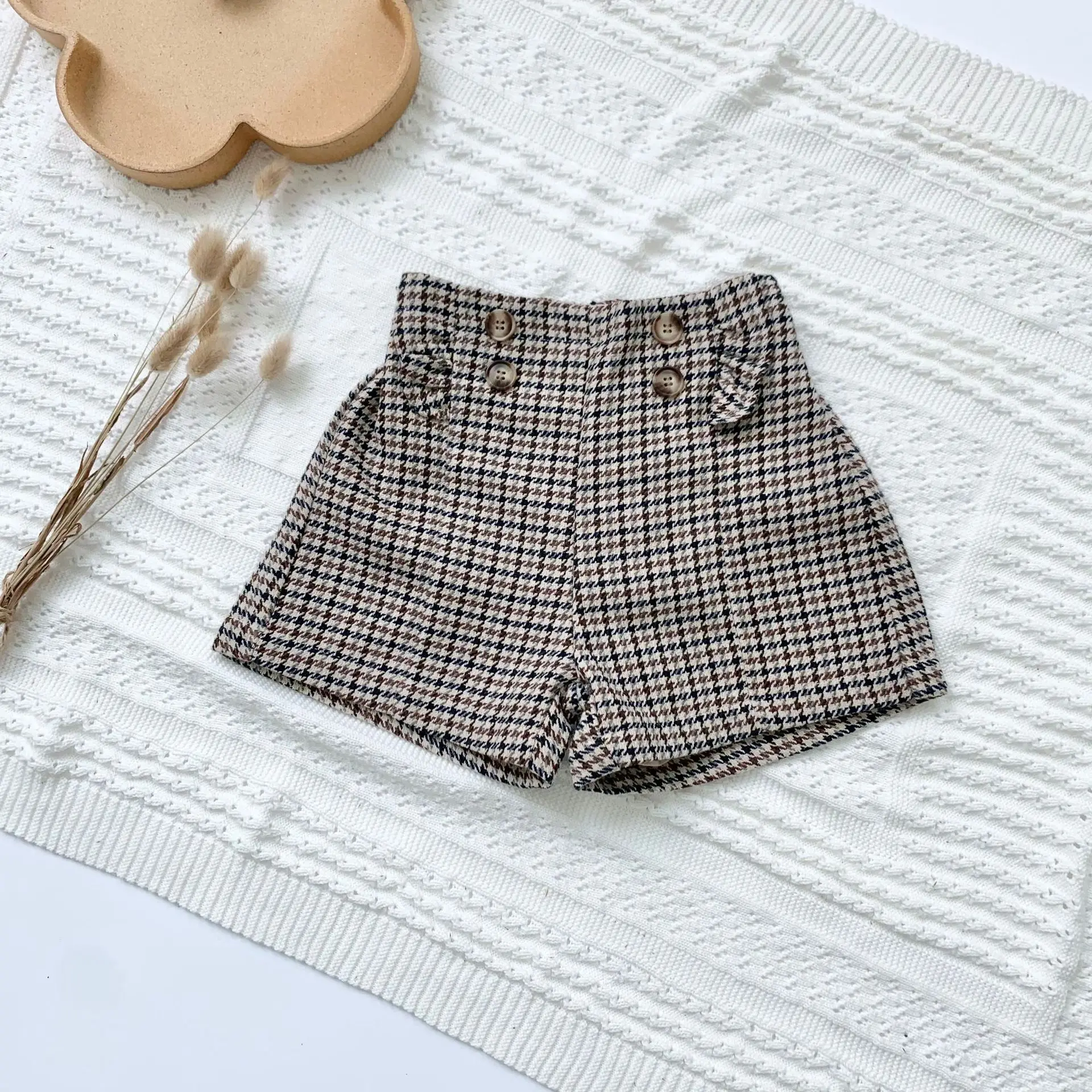 2022 Winter New Girls' Woolen Shorts Girls' Thousand Bird Check Skirt