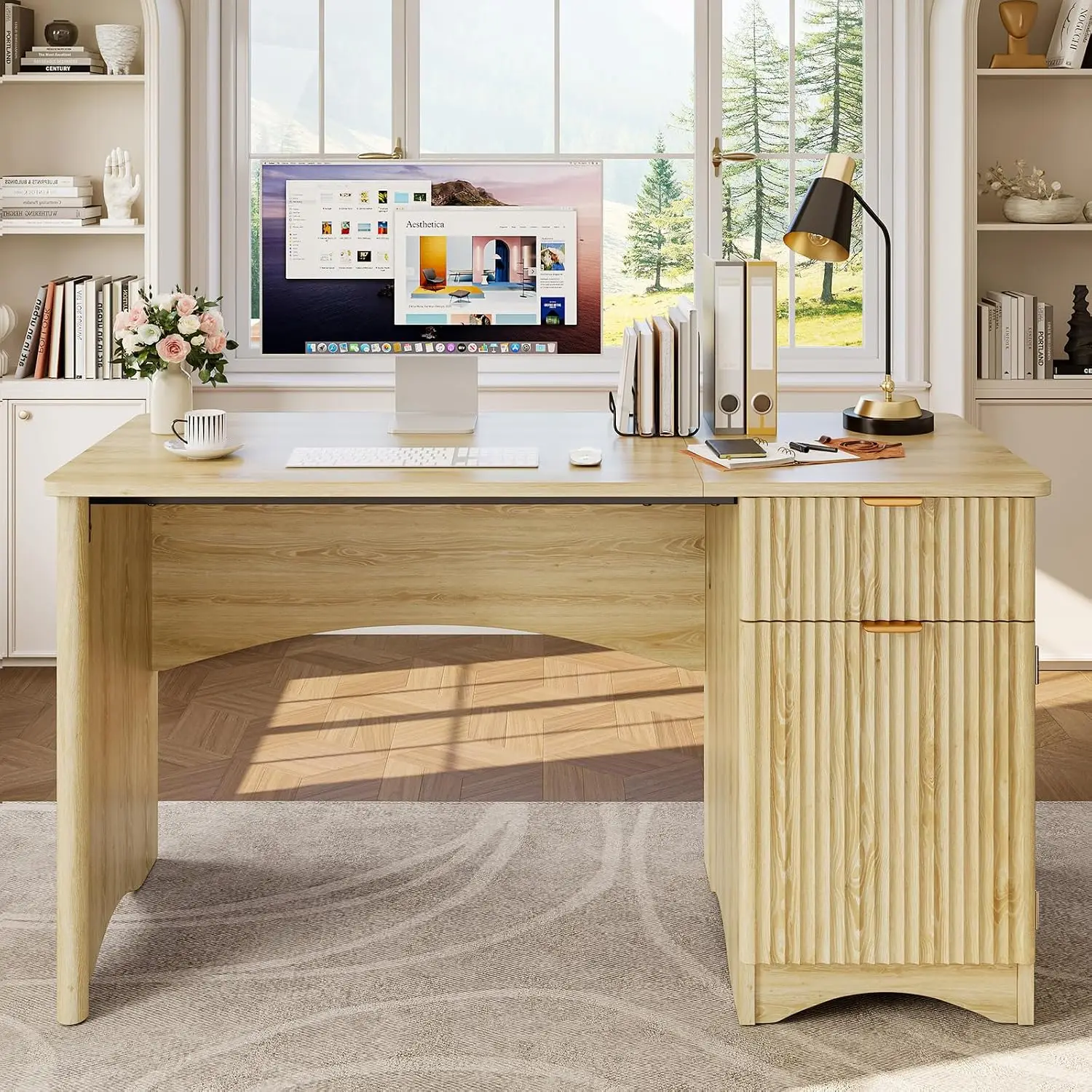Fluted Computer Desk with Drawer & File Cabinet, Wood Storage Desk for Home Office, 47 inch, Natural Oak, Customized