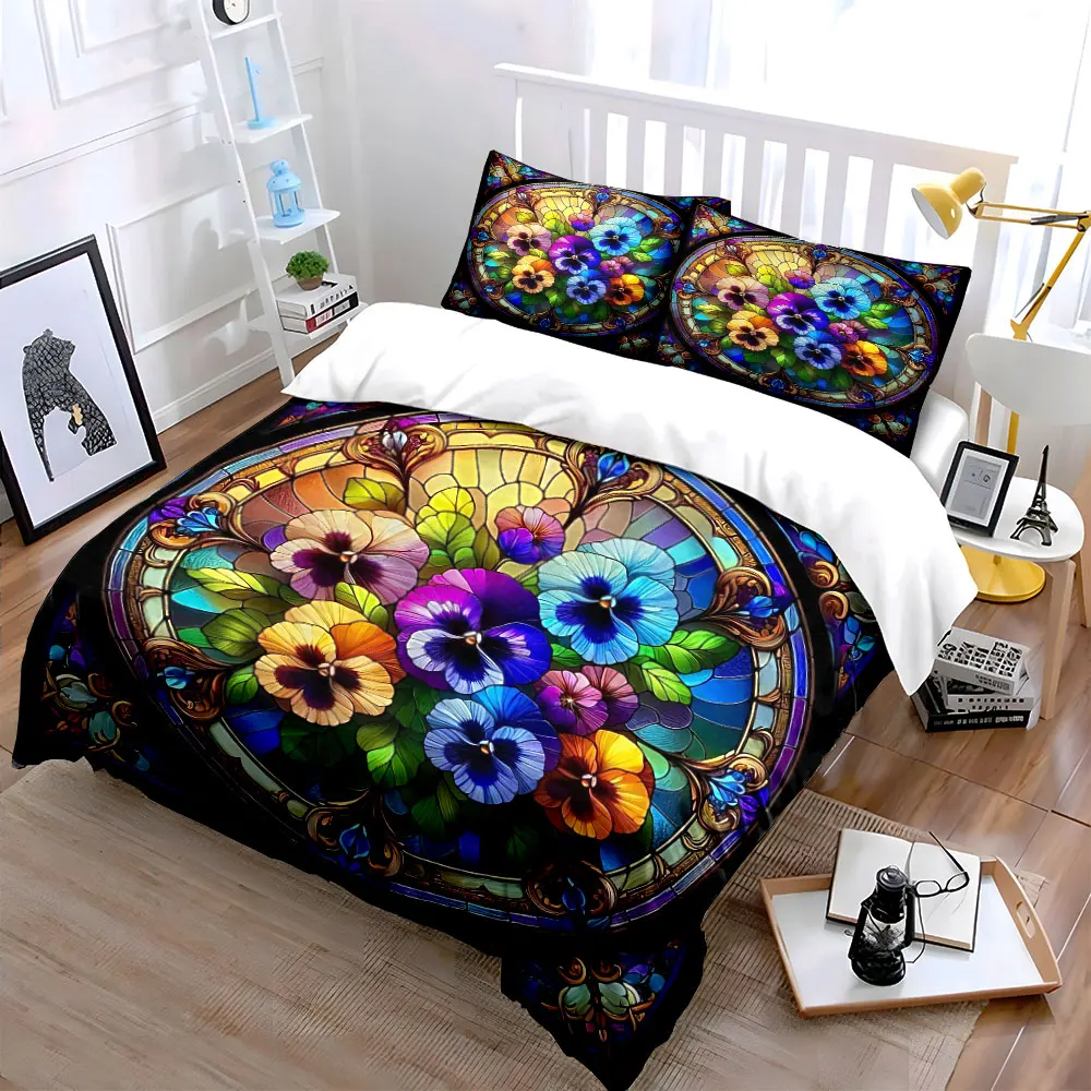 3Pcs Stained Glass Pansy Bedding Set, Vibrant Multicolor Pansy Flowers Print Duvet Cover + 2 Pillowcases, Art Nouveau Decor
