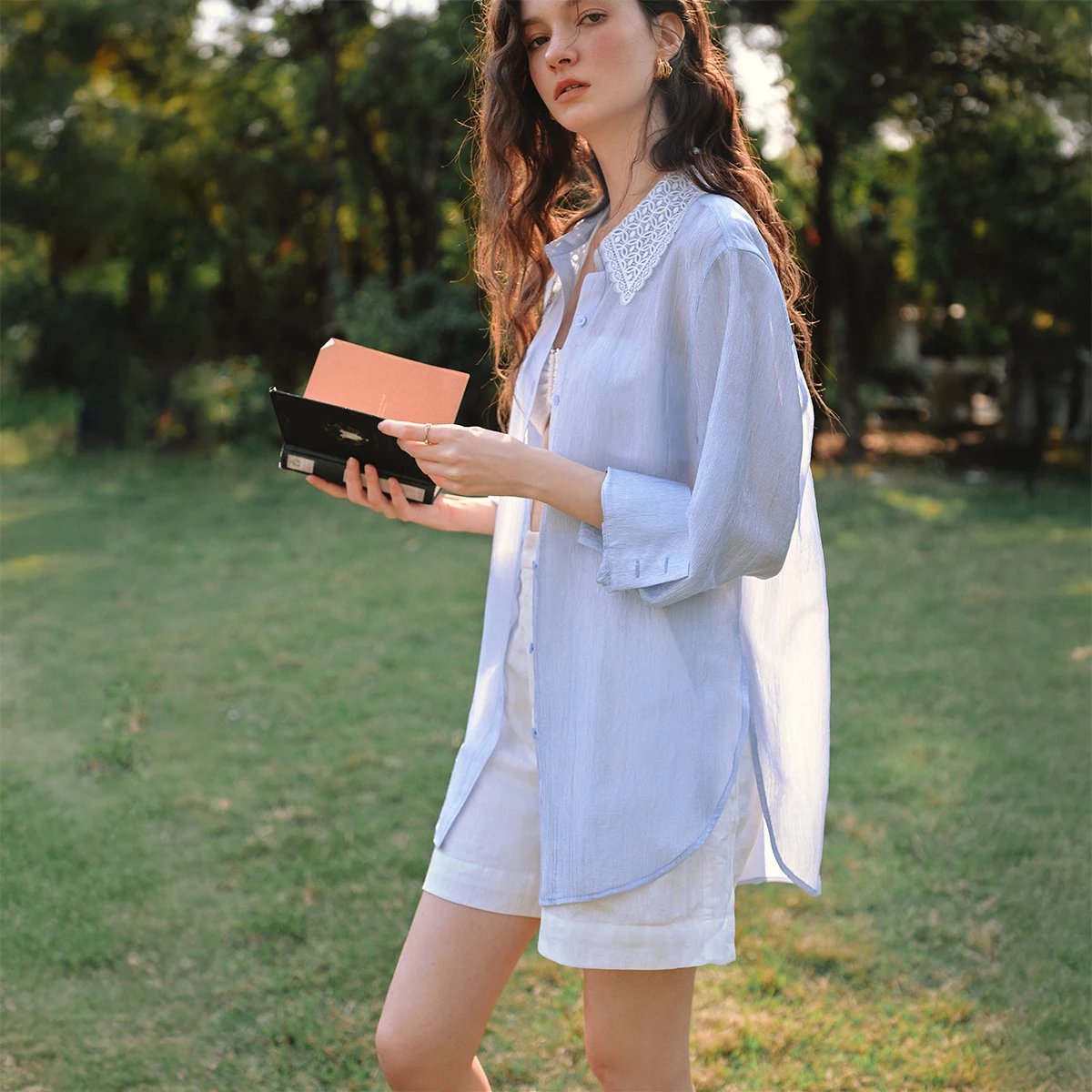 

OLrain Sheer Oversize Thin Blue Shirt Ladies Trend 2026 Spring Summer Split Long Sleeve Tops for Woman Female Clothes O57XC99229