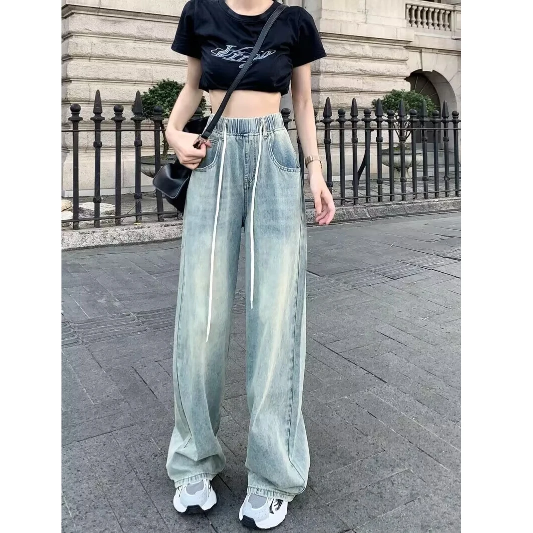 

High Waist Straight Leg Wide Leg Jeans for Junior And High School Students Elastic Waist Fashionable Slimming Spring Autumn N...