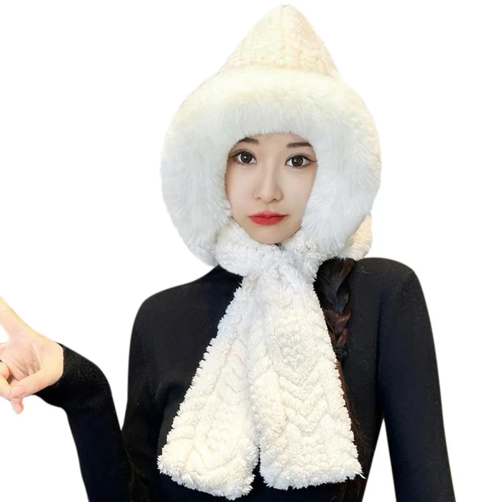 Fashion Plush Winter Integrated Cap Scarf Windproof Thickened Ear Protection Hat Soft Casual Neck Warmer Cycling