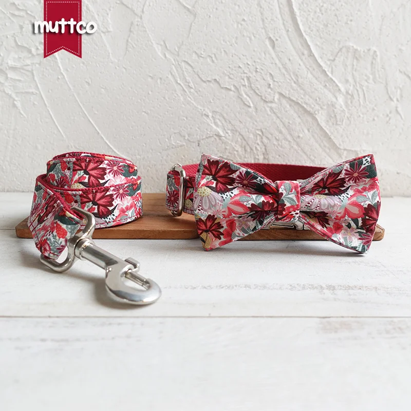 MUTTCO The independent design pet dog bow tie collar leash RED ROSA personalized adjustable puppy nameplate collar 5 size UDC131