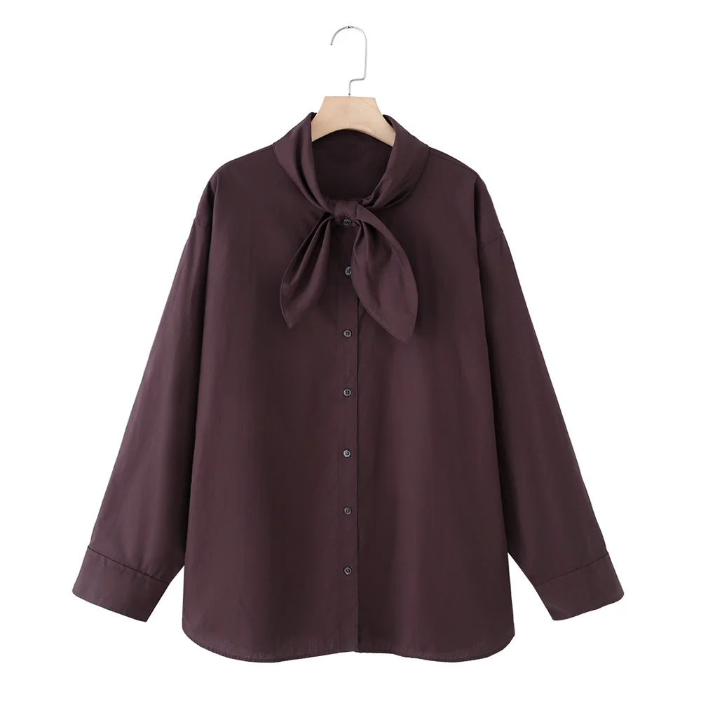 

Autumn and winter new women's clothing casual temperament simple single breasted decoration scarf poplin shirt top