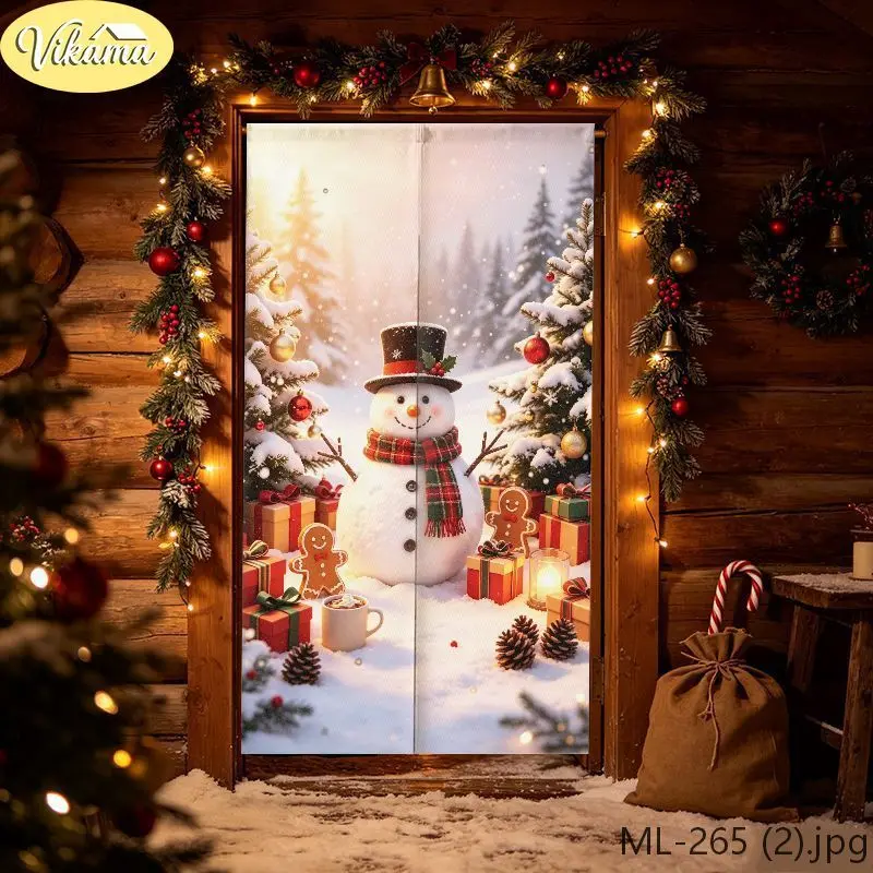 VIKAMA Santa Breaking Through Snow Wall Half Door Curtain Fabric Entryway Curtain Kitchen Privacy Divider Festive Home Decor
