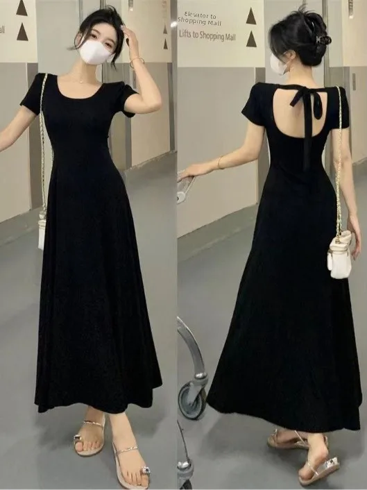 Été 2025 Femmes Pure Desire Col Carré Bal T-shirt Longue Dr Bla Minceur Or Sve Dr Tendance Coton Hig...