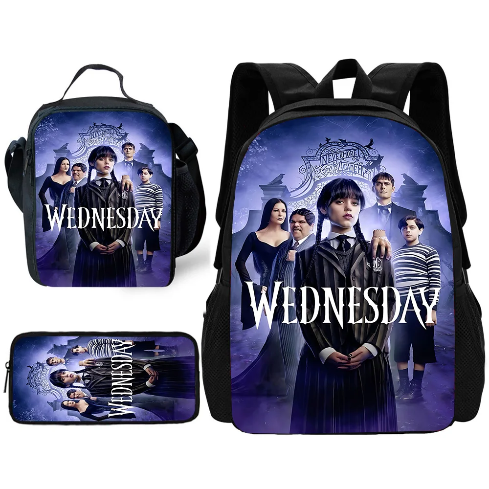 Child School Cartoon Wednesday A-Addamss Backpack with Lunch Bags ,Pencil Bags ,School Bags for Boys Girls Best Gift