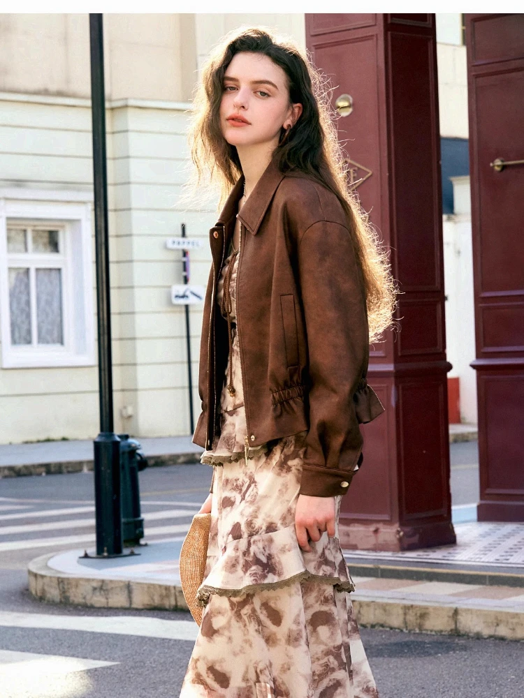 OLrain Amerikanische Retro-Stil Wildleder Jacke Frauen 2025, Herbst Mode Lose Kurze Mantel Zipper Dropped Schulter Mantel GO57QW93558