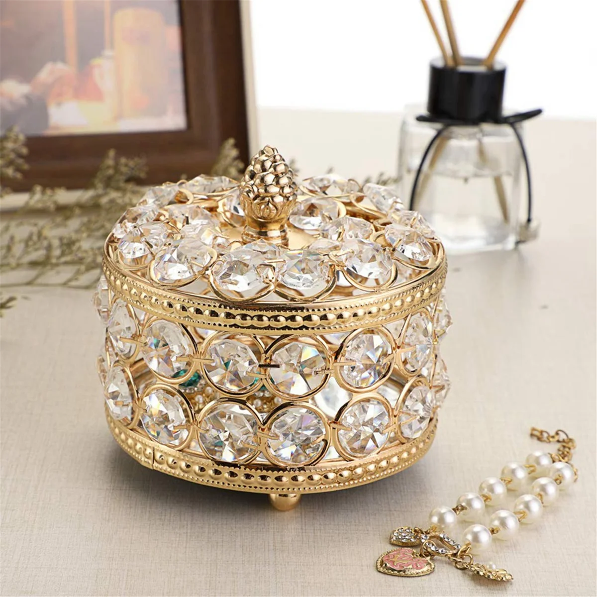 Crystal Mirrored Box Jewelry Trinket Organizer Box Home Decor Ring Earrings Necklace Storage Holder Keepsake Box(Gold)