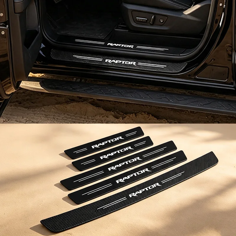Carbon Fiber Car Threshold Tape Door Sill Protector Sticker for Ford RAPTOR Logo Trunk Bumper Guard Strips Accessories