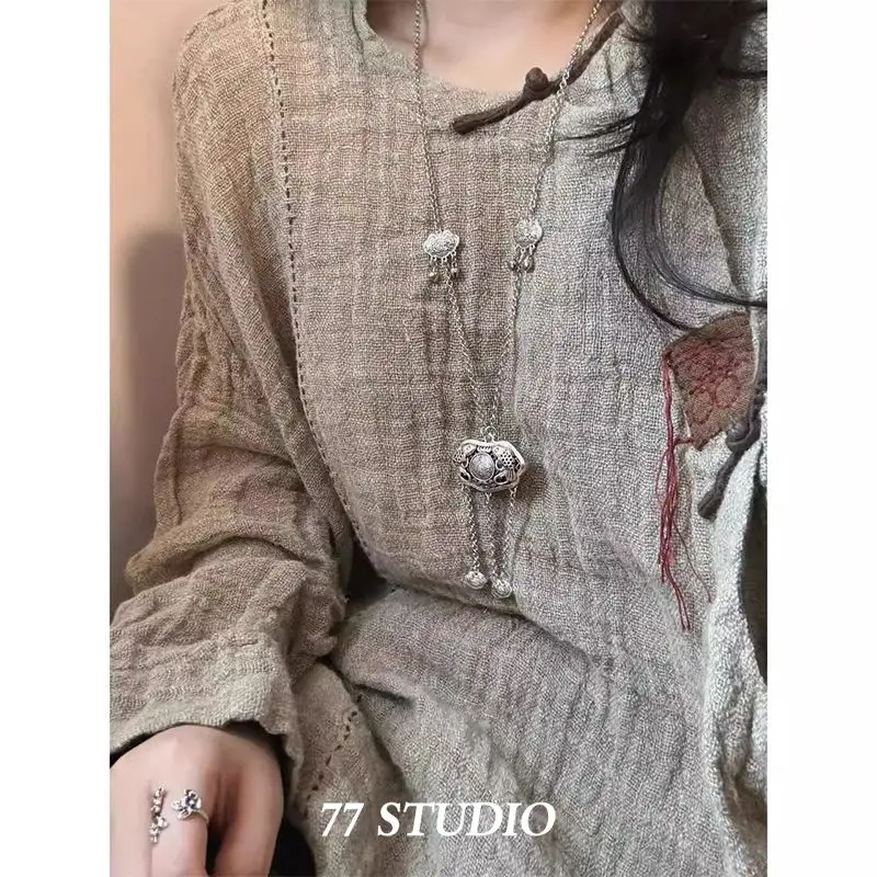 Vintage Ethnic Safety Ruyi Lock Necklace for Women Longevity Tassel Pendant Antique Finish Sweater Chain Daily Wear Jewelry Gift